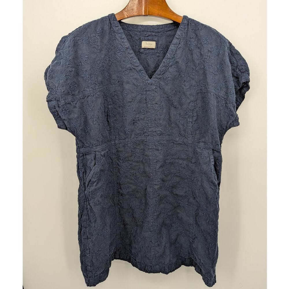 Wrap London Linen Tunic Dress, US 18, Slate Blue Embroidered Pockets Cottagecore